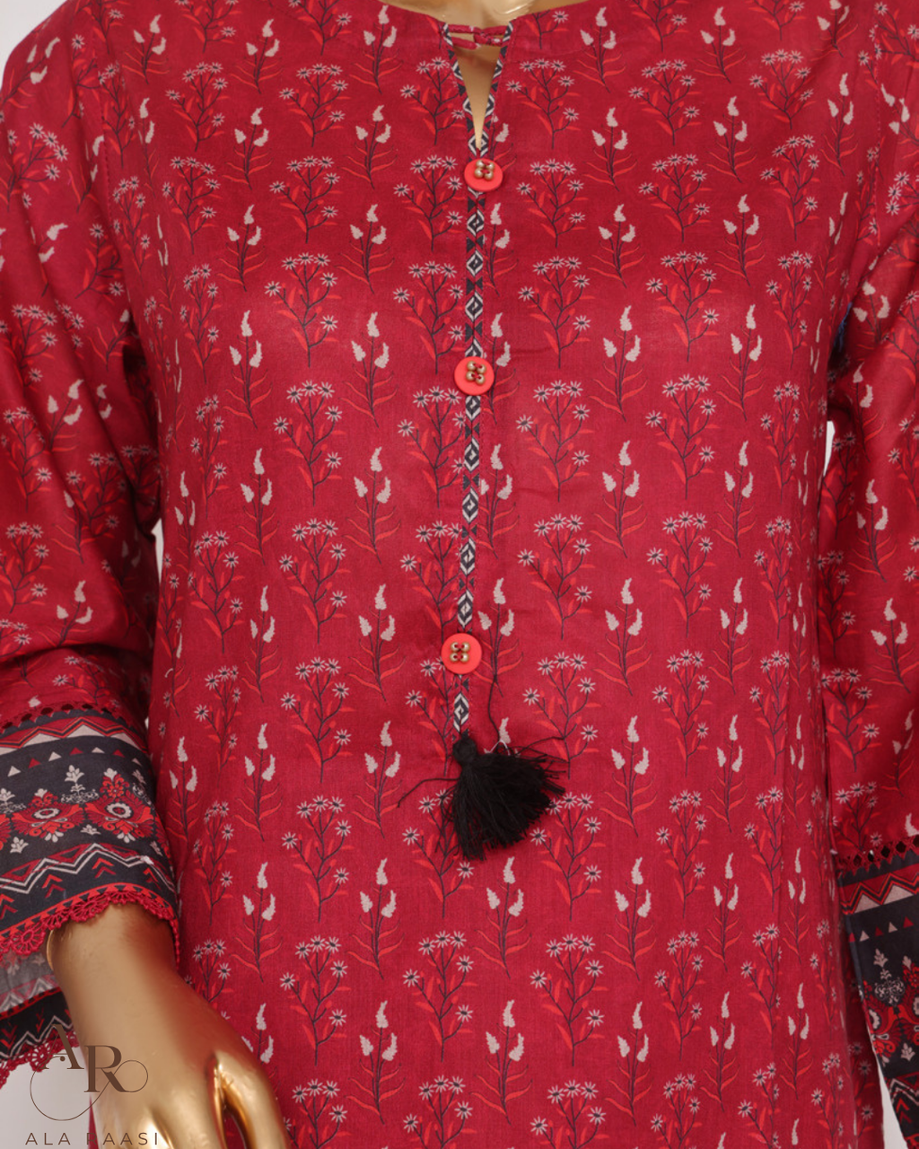 Red patterned kurta on a mannequin with visible branding.