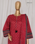 Red patterned kurta with black and white border on a mannequin against a white background, with 'RIWAYAT' branding.