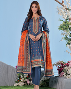 Woman wearing a blue and orange traditional outfit with a floral background